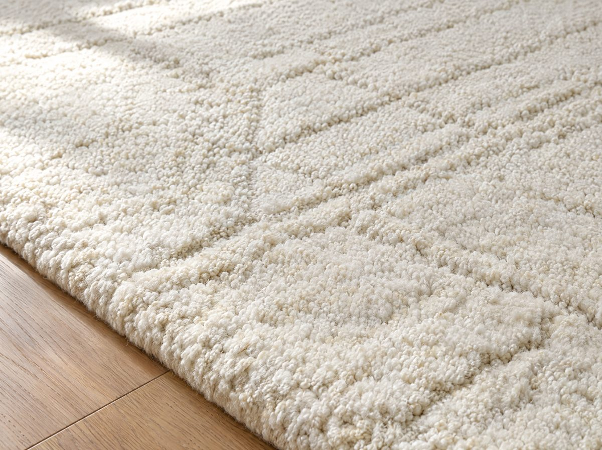 Fresh cream wool rug with fluffed pile after cleaning