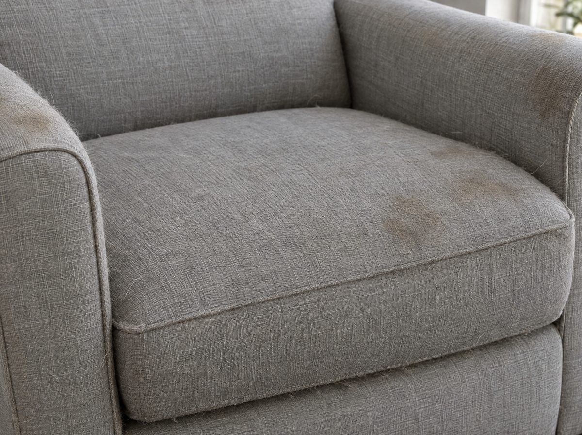 Grey linen armchair with settled dust and hair before cleaning