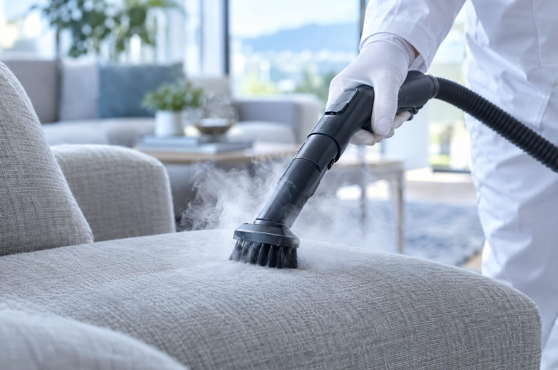 VIDERR technician guiding a steam detail brush across a grey linen sofa cushion