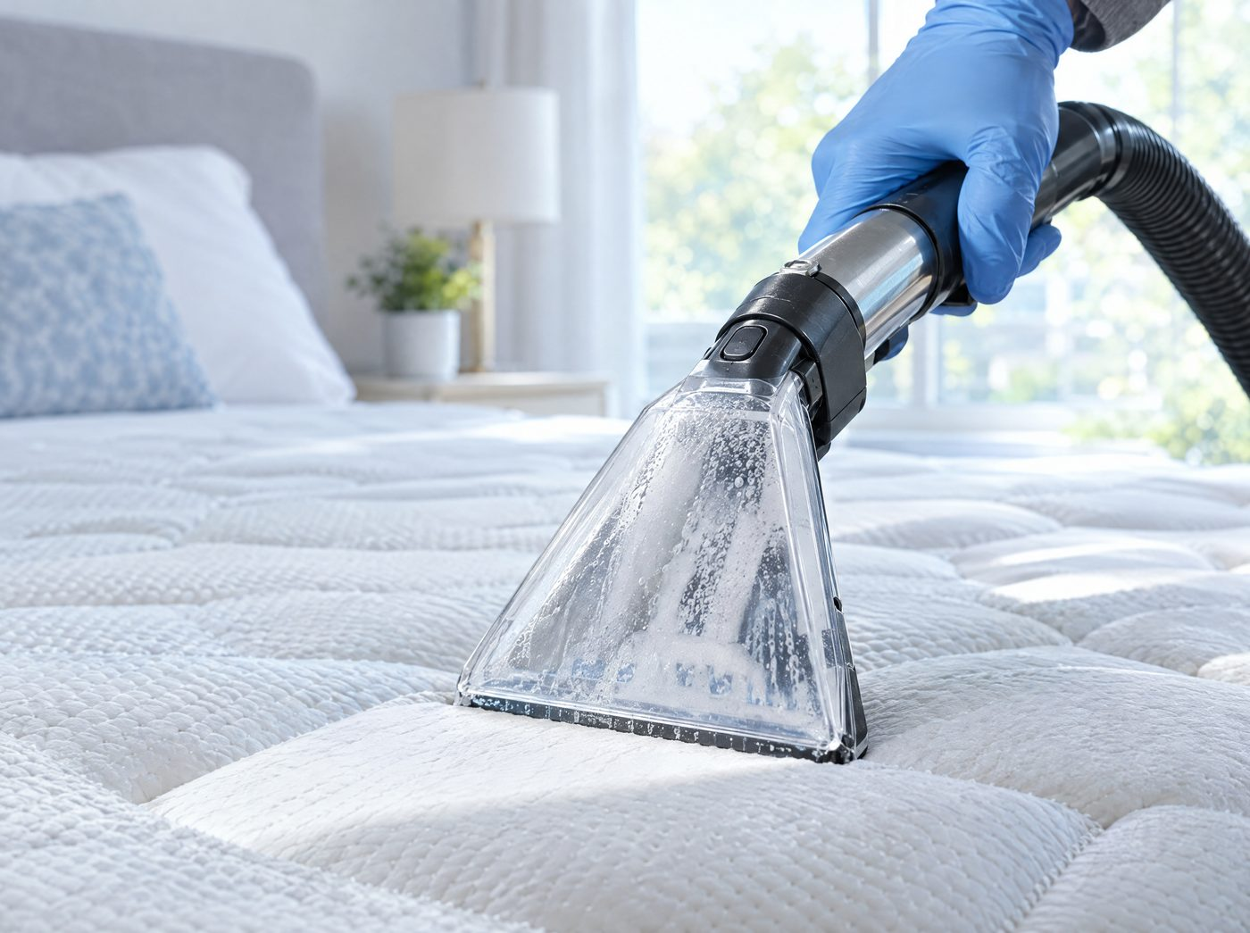 Hydro extraction upholstery tool gliding across a white quilted mattress