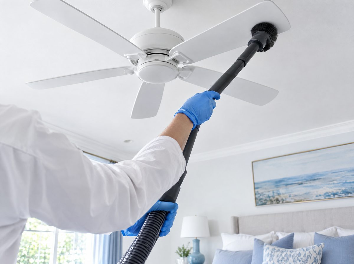 Technician using a HEPA vacuum wand on the blades of a white ceiling fan