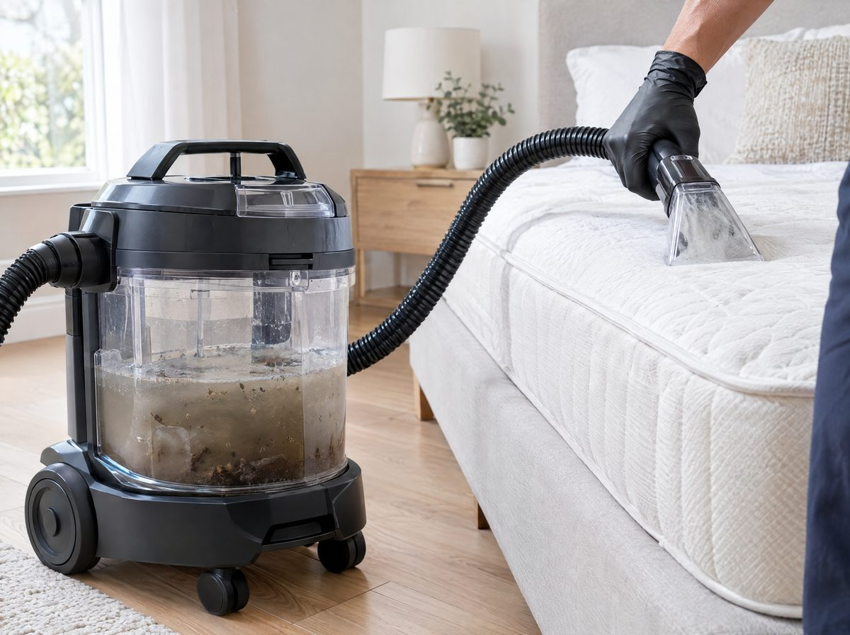 Water-filtration vacuum with cloudy recovered water beside a mattress being extracted