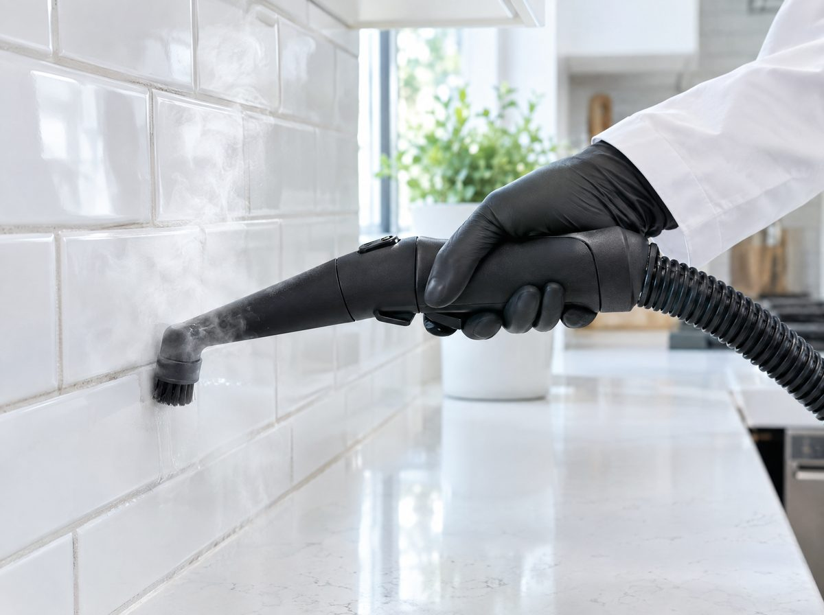 Steam detail brush treating the grout lines of a white tile backsplash
